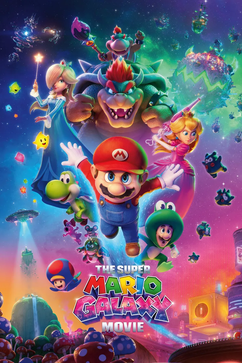 Official theatrical poster for The Super Mario Galaxy Movie — the whole crew against a swirl of galaxies