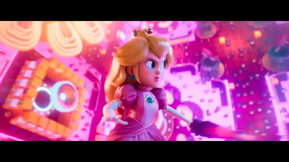 Princess Peach ready for action in a neon-pink dreamscape