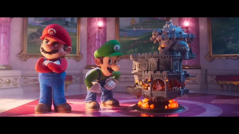 Mario and Luigi study a model of Bowser’s fortress inside Peach’s castle