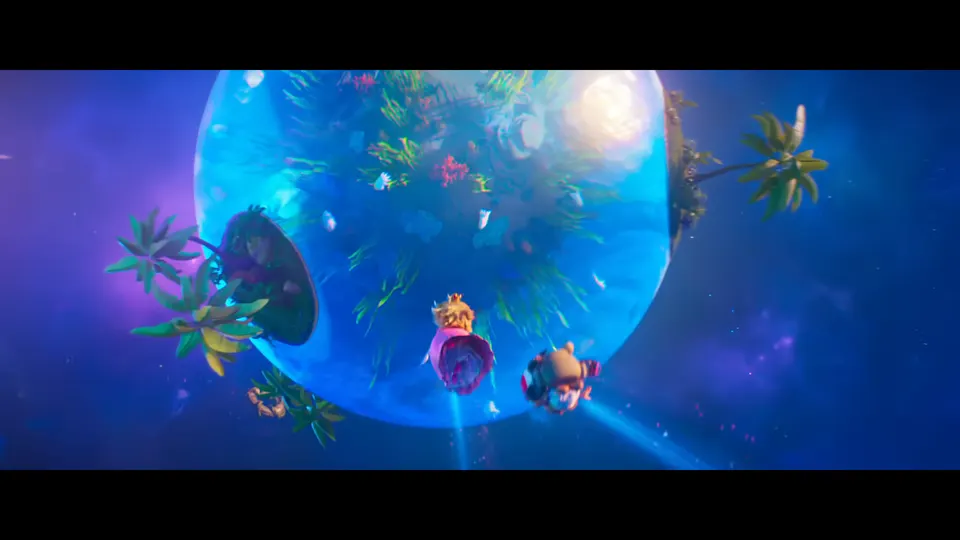 Two friends tumble past a tiny green planet in open space